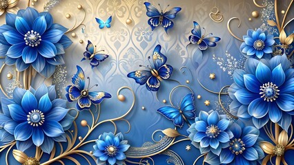Elegant floral design with butterflies and flowers in shades of azure and gold decorative elements