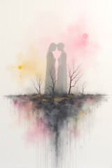 Ethereal silhouettes of two figures facing each other surrounded by bare trees. Soft pink and yellow watercolor splashes create a romantic, dreamy atmosphere with dripping ink effects.