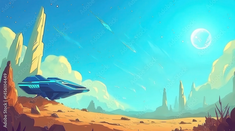 Poster retro pixel art depicting a spaceship landing on a desert planet landscape with craters and a bright