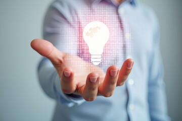 Businessman hand. Glowing bulb. Innovation concept. Abstract technology. Digital illustration. Startup idea. Creative symbol. Blue background. Corporate theme. Professional gesture. Modern design. Br