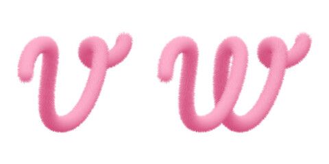 Fluffy font typescript, V W text. Furry pompon 3d typography. Hairy vector capital script, fuzzy soft plush character. Puffy toy texture. Volume letter, pink fur ribbon. Animal tail hair alphabet.
