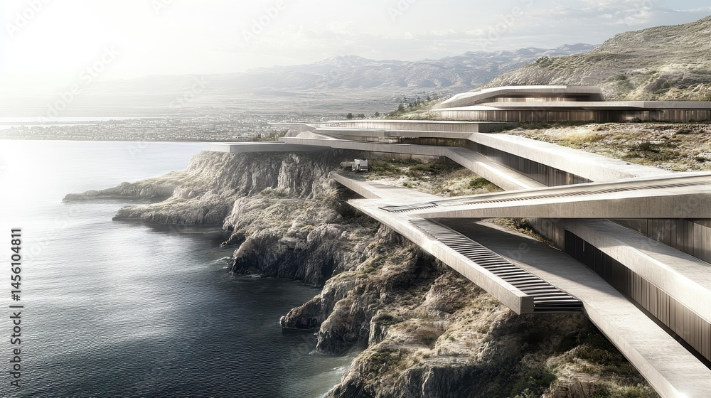 Poster modern coastal architecture showcasing a clifftop residence overlooking the sea with intricate stepp