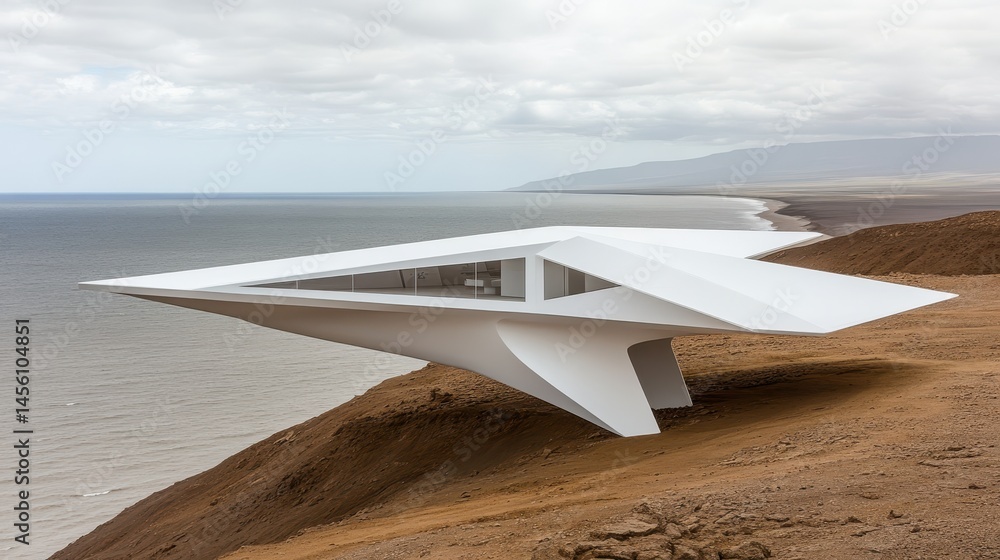 Poster modern coastal architecture blending with seascape minimalist structure on a cliffside contemporary 