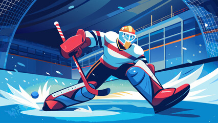 A hockey player is in the air, with a hockey stick in his hand. The image is a cartoonish representation of a hockey game
