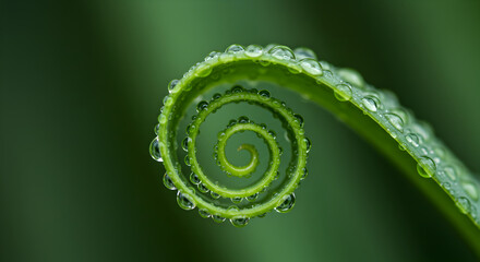 Delicate Green Fern Frond Unfurling With Glistening Dewdrops Macro Photography