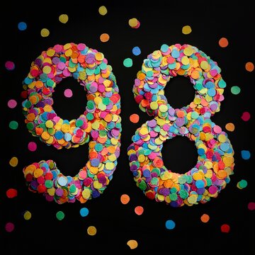 Number 98 made out of confetti with black background. Photo for ninety-eighth birthday or anniversary party