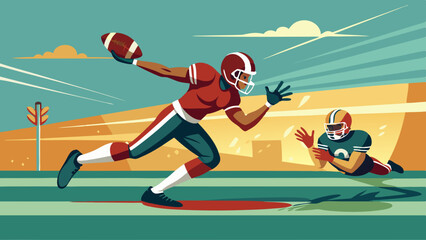 Fototapeta premium A football player is running with a football in his hand. Another football player is trying to tackle him