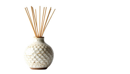 Elegant ceramic vase with reed diffuser sticks isolated on solid white background 