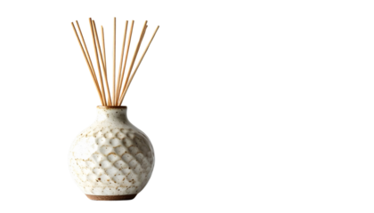 Elegant ceramic vase with reed diffuser sticks isolated on solid white background 