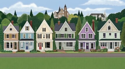 Quaint Row Houses on a Suburban Street Colorful Facades and Lush Greenery Illustrative Dream Home Concept Family Community in a Picturesque Setting