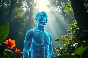 Holographic figure. Forest background. Blue glow. Male anatomy. Digital art. Futuristic theme. Technology concept. Virtual reality. Meditation pose. Nature blend. Light rays. 3D render. Sci-fi mood. 