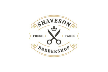 Stylish barber shop logo featuring scissors, crown, and elegant typography in vintage style. Perfect for grooming services and fashion-forward businesses. Vector illustration
