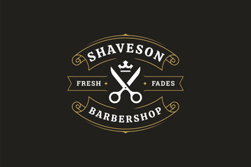 Elegant vintage barber shop logo featuring scissors and razor, with gold accents and classic typography. Perfect for grooming services, hairdressing, and fashion businesses. Vector illustration