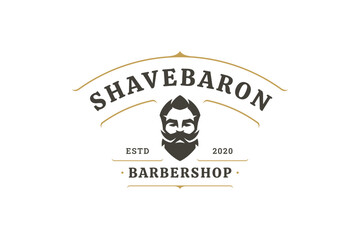 Classic barbershop emblem featuring a stylized beard silhouette, vintage font, and gold decorative elements. Vector illustration