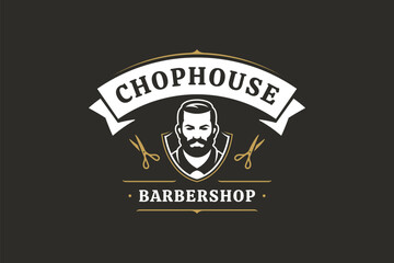 Elegant barbershop logo featuring a vintage shield design with a stylized mans face, crossed scissors, and a retro banner. Perfect for grooming services. Vector illustration
