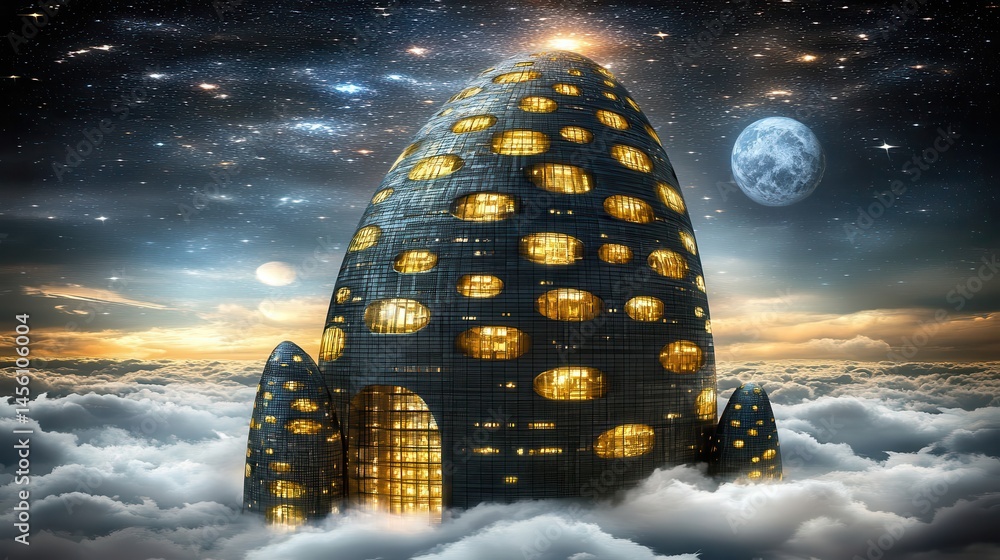 Poster celestial architecture floating haven structure atop of the clouds glowing starfield celestial dream