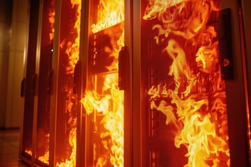 Fototapeta premium Fiery server room engulfed in flames. Data center emergency. Urgent disaster