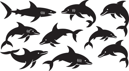 Obraz premium Silhouette Group of Dolphins in Swimming Poses for Ocean Wildlife and Marine Nature Theme Illustrations