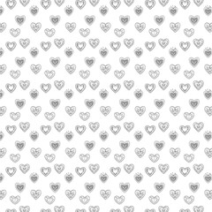 Background with hearts filled with symmetrical branches with leaves and surrounded by diverging lines.
