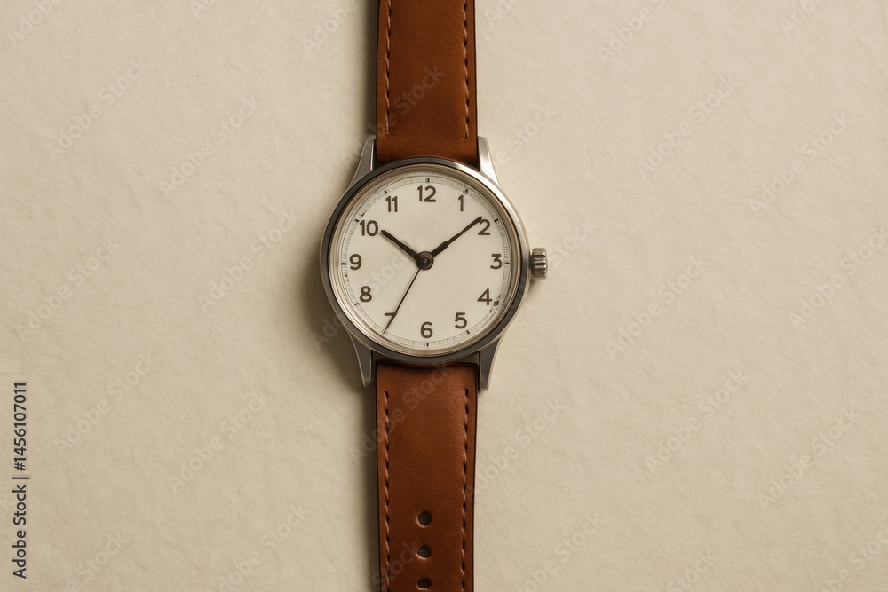 Aufkleber classic analog watch with a brown leather strap on a neutral background featuring clear numbers and 