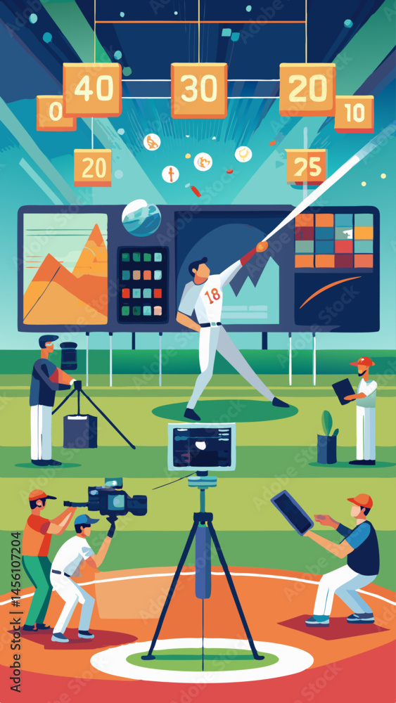Poster a man is playing a video game with a baseball bat. the game is on a computer monitor