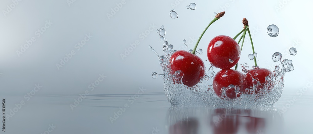 Poster fresh red cherries splashing in water, creating dynamic splash effect concept of summer, freshness, 