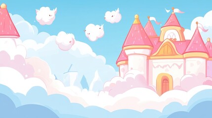 Dreamscape Pixel Art Castle in the Sky with Pastel Clouds and Cute Fluffy Creatures Background Vector Illustration for Digital Projects