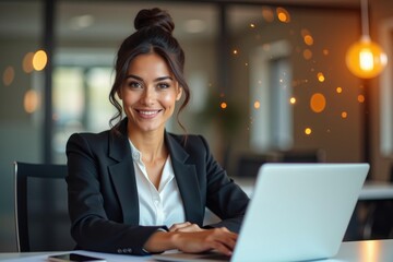 Studio photo. Businesswoman with dark hair in black suit smiling, work