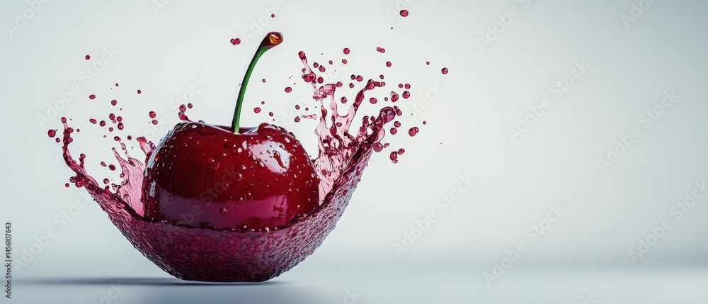 Poster dynamic splash of vibrant red cherry falling into liquid, creating a crown of droplets concept of fr
