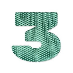 Green knitted number 3 with a detailed fabric texture, isolated on a white background. Ideal for creative projects, crafting, or modern design elements