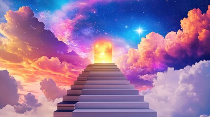 Dreamlike journey of books stacked into steps, rising toward a glowing celestial doorway against a deep midnight sky
