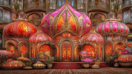 Ornate architectural fantasy a digitally crafted dreamscape with vivid color and intricate details evoking artistic wonder and cultural vibrancy