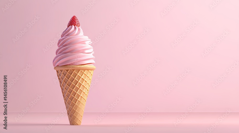 Poster strawberry swirl soft serve ice cream cone on a minimal pastel pink background with copy space.