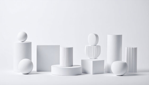 Minimalist still life composition featuring various white geometric shapes arranged on white background, creating serene and harmonious atmosphere. simplicity evokes sense of calm and elegance