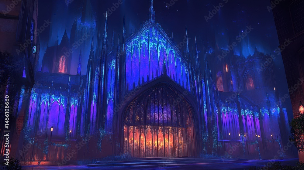 Poster mystical gothic architecture illuminated with ethereal blue light creating a captivating scene full 