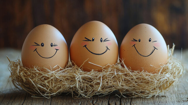 Four Brown Eggs with Faces Drawn: Fun and Playful Egg Art

