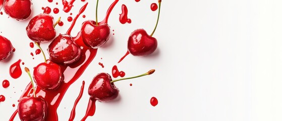 Vibrant red cherries with dripping juice splatters on a clean white background, creating a fresh and juicy fruit splash concept