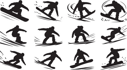 Dynamic snowboarder silhouettes performing tricks and downhill runs