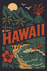 Hawaii Landscape with Surfer and Volcano Graphic Illustration