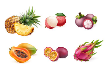 Realistic tropical fruits. 3d exotic fruit nature dessert, pineapple passionfruit lychee papaya dragon mangosteen sweet healthy food summer vacation meal, exact vector illustration