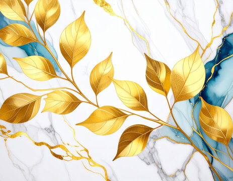 Luxurious golden leaves branch on marble background with blue accents creates elegant and sophisticated atmosphere. This stunning design evokes sense of opulence and beauty
