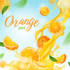 Orange juice banner. Realistic citrus fresh juicy oranges advertising poster design, summer fruit drink natural juices splash abstract beverage product, exact vector illustration