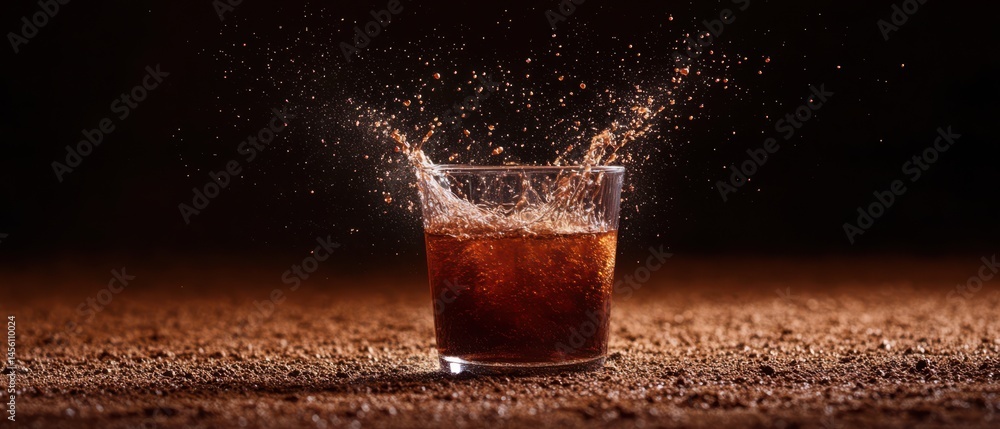 Poster refreshing cola drink splashing out of a glass on a textured brown surface against a dark background