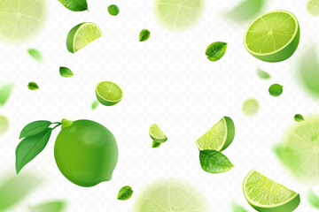 Realistic falling lime. 3d flying limes with mint leaves, green citrus juicy fruit fall or fly blur piece fresh summer cocktail mojito advertising banner, exact vector illustration