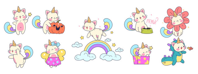 Unicorn cats. Cute caticorn sticker, kawaii kitten with horn rainbow doodle pet animal cartoon kitty character for baby girl adorable funny kittens set, classy vector illustration