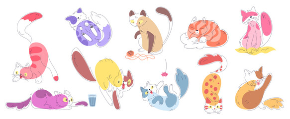 Doodle cats poses. Cute kitten outline icon, funny cartoon cat character pattern line art action poses sketch design kitty fashion animal domestic pets, classy vector illustration