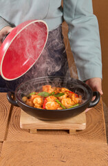 High-end exquisite Chinese cuisine, casserole stewed prawns, top and expensive Chinese restaurant