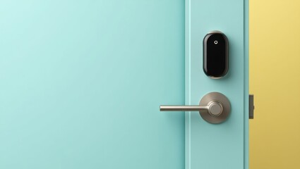 Smart lock. Modern design. Door handle. Technology asset. Home security. Residential use. Electronic access. Interior photo. Minimalist style. Soft colors. Contemporary mood. Security concept. Digita