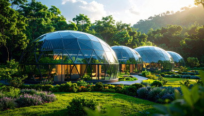 Sustainable energy domes are showcased in lush green landscape, highlighting innovative architecture and eco friendly design. scene evokes sense of harmony with nature and future living