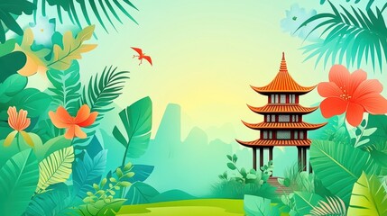 Obraz premium Enchanting Far East landscape showcasing pagoda architecture amidst tropical foliage in a vibrant color illustration style